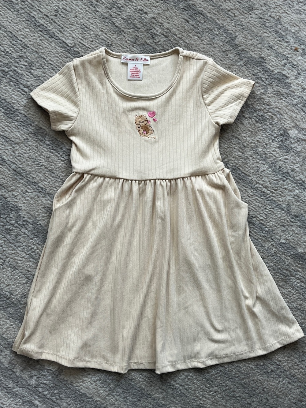 Emma & Elsa Cream Ribbed Girls' Dress with Kitten Applique